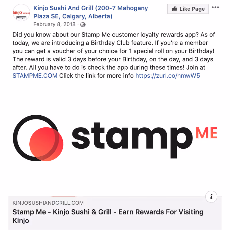 A Facebook post to announce Kinjo's rewards program
